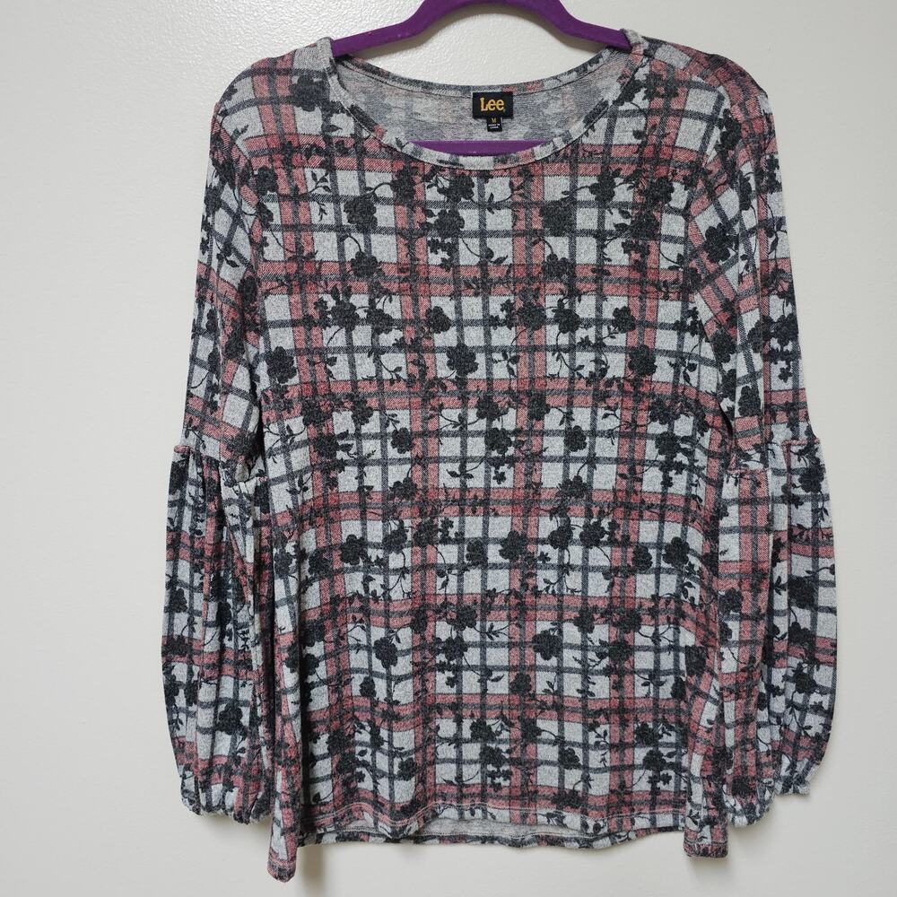 Lee Plaid and Floral Bell Sleeve Top very stretchy size Medium